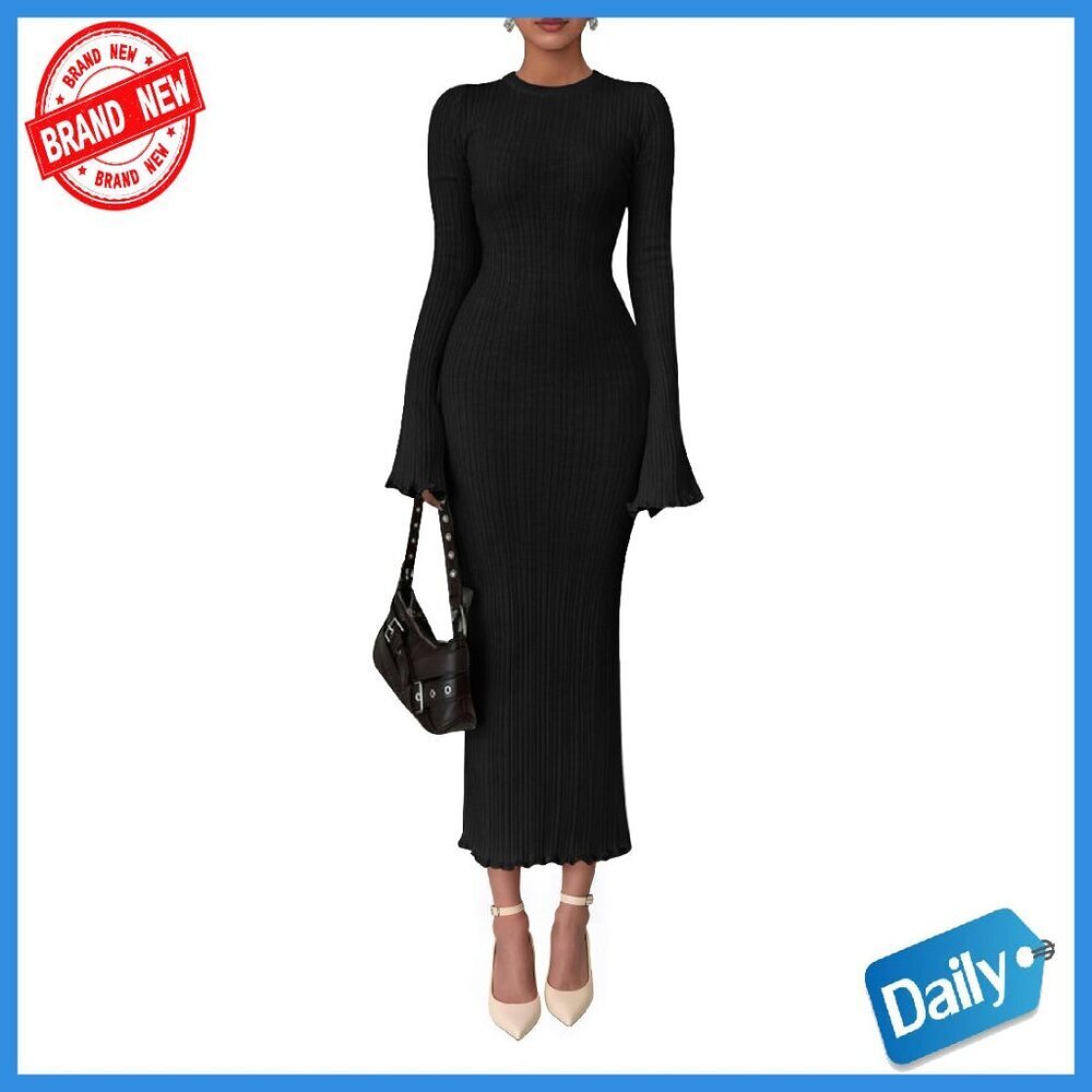 Ribbed Knit Bodycon Maxi Dress Long Sleeve Bell Sleeve Winter